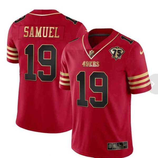 Mens San Francisco 49ers #19 Deebo Samuel Red With 75th Anniversary Patch Stitched Football Jersey Dzhi